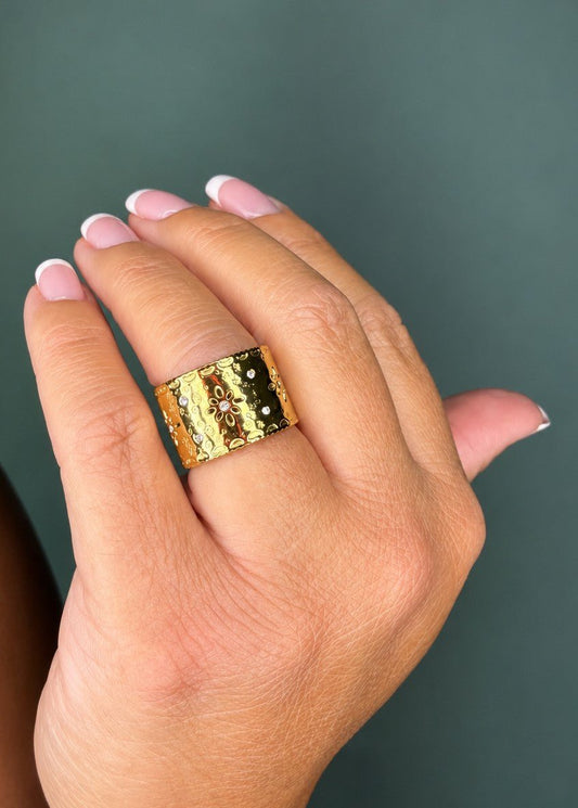 Blooming Gold Wide Band Cutout Ring, Waterproof - The Grand Magnolia Boutique