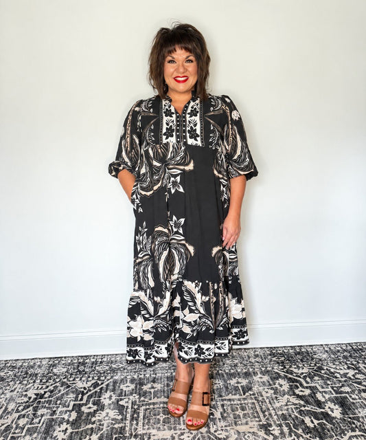 Midnight Magnolia Midi Dress by Heimish - The Grand Magnolia Boutique