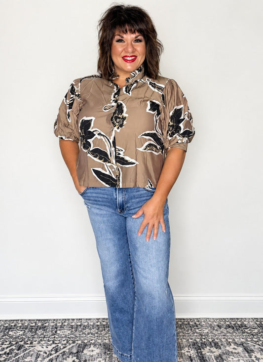 Mocha Muse Floral Blouse by Glam - The Grand Magnolia Boutique