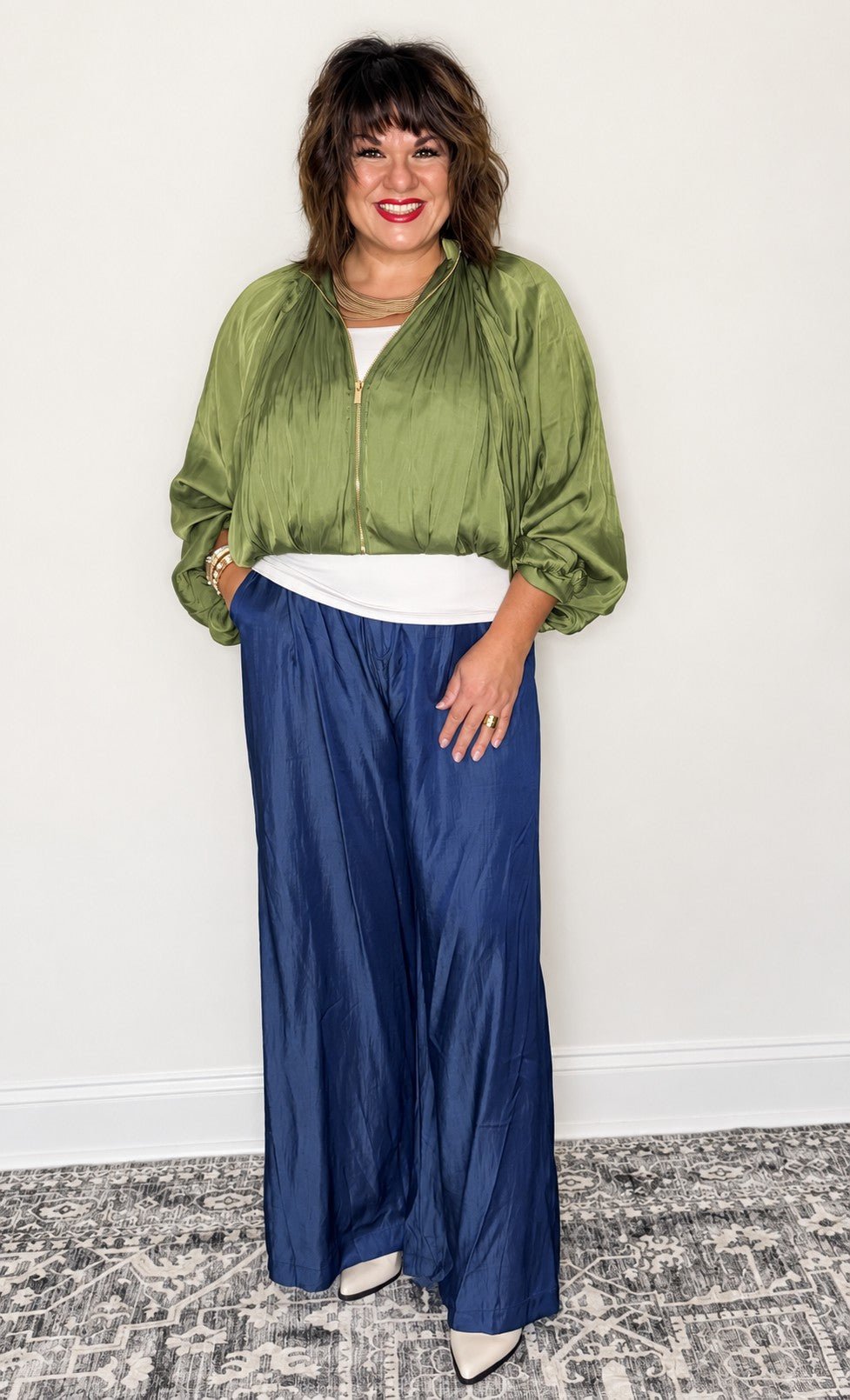 Olive Allure Satin Bomber Jacket by Glam - The Grand Magnolia Boutique
