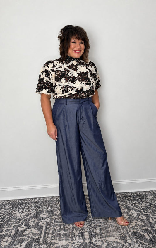 Silky Blues Wide Leg Pants by Glam - The Grand Magnolia Boutique